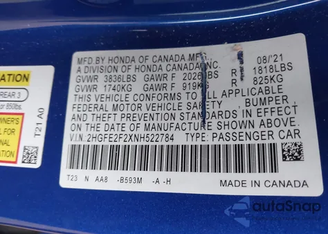 2022 Honda Civic Lx from USA, damaged, VIN 2HGFE2F2XNH522784